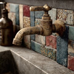 Weathered brass faucet mounted on a mosaic-tiled wall above a concrete sink basin