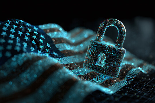 Glowing digital padlock over American flag of binary code, symbolizing national cybersecurity, data protection, and technological defense