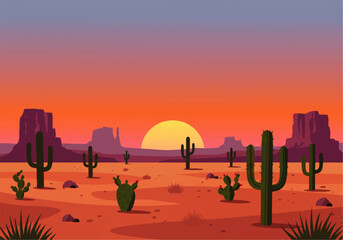 Illustration of a desert landscape with cacti and mesas under a vibrant sunset sky. The sun is setting behind the mesas. © denijulianto