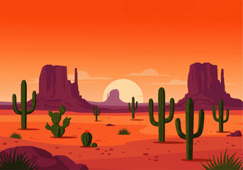 A stylized desert landscape featuring saguaro cacti, mesas, and a setting sun under an orange sky. © denijulianto