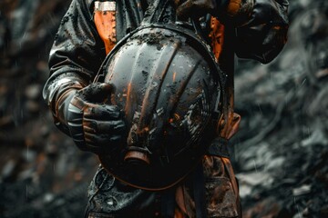 Fototapeta premium Miner holding muddy helmet in the rain after work