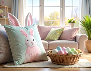 A pastel-colored living room display features a decorative bunny pillow, pastel-colored Easter eggs in a basket, and soft furnishings, creating a cheerful and inviting ambiance.