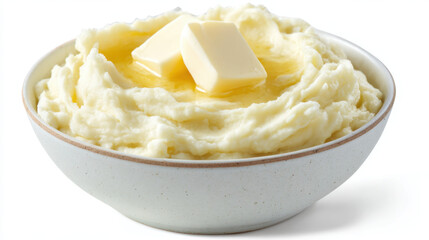A bowl of creamy mashed potatoes topped with melting butter on a white background