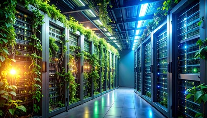 Server Room with Plants Growing Shows Sustainable Tech Concept