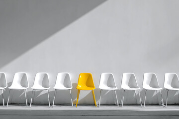 One bright yellow chair among identical white chairs in minimalist high-contrast setting, symbolizing uniqueness and innovation