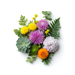 Obraz premium A vibrant and colorful arrangement of assorted flowers and greenery including chrysanthemums and succulents isolated on white background