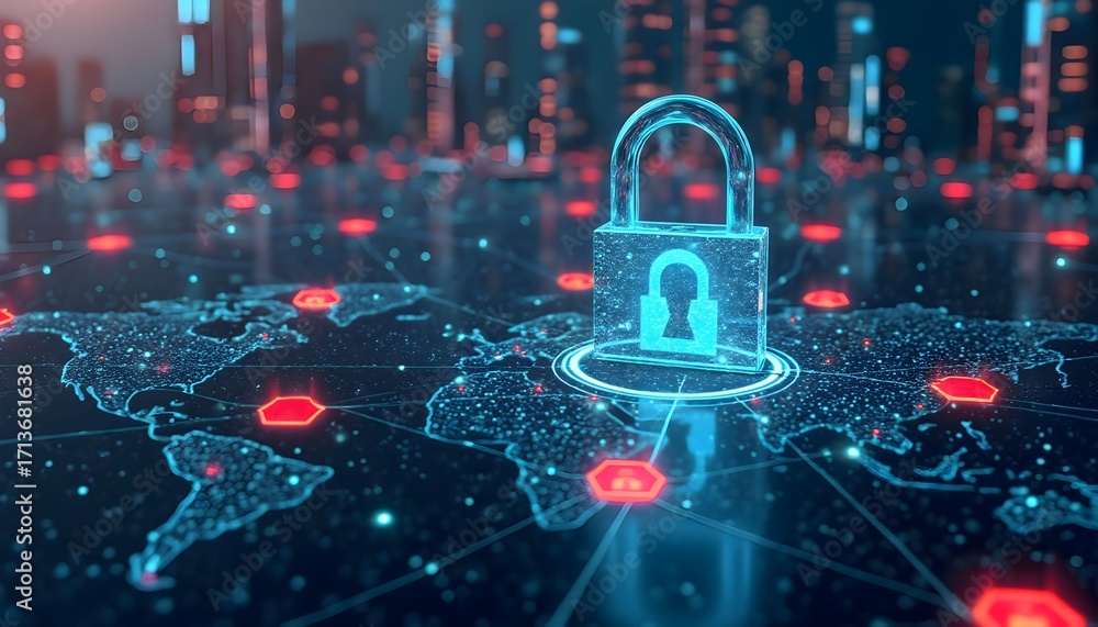 Poster Global cyber security concept illustration with digital padlock and world map design