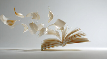Open book falling in slow motion with flipping pages against bright background, symbolizing gravity, motion, and poetic realism