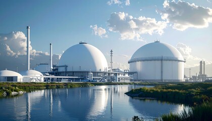 Naklejka premium Industrial Gas Storage Tanks by Water under a Clear Sky