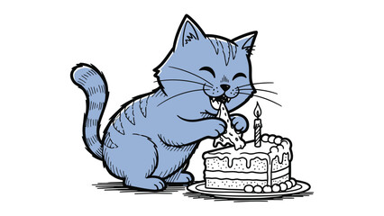 Joyful Celebration: A cheerful cat delights in the joyous act of eating cake, with a big smile and a festive slice in paw. This illustration encapsulates the pure joy of life's sweetest moments.