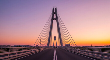 Obraz premium Symmetrical futuristic bridge architecture captured at sunset with soft pastel sky and large copy space background