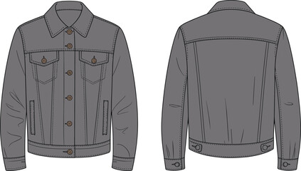 Men’s denim jacket flat sketch, front and back view, fashion technical drawing, casual outerwear vector template for CAD design
