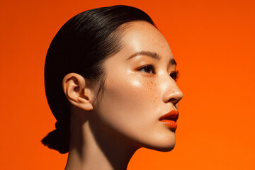 Woman's profile with smooth skin and orange makeup