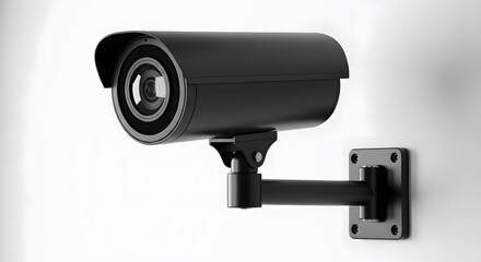 Black security camera mounted on a white wall providing surveillance and protection.