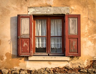 Old window with red shutters on a weathered wall