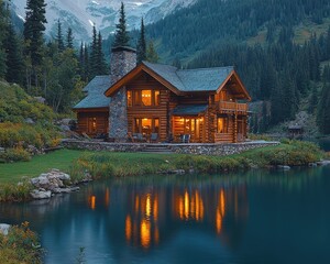 Fototapeta premium Luxurious log cabin nestled beside a serene lake at twilight, surrounded by towering mountains