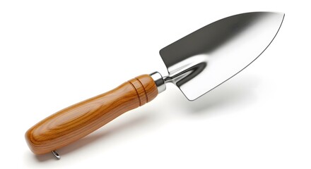 Wooden-handled trowel gardening tool close-up isolated on white background.