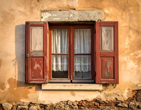 Old window with red shutters on a weathered wall - Powered by Adobe