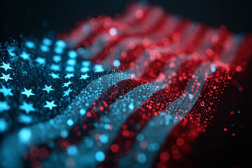 Abstract digital American flag with blockchain nodes and crypto icons in neon blue and red
