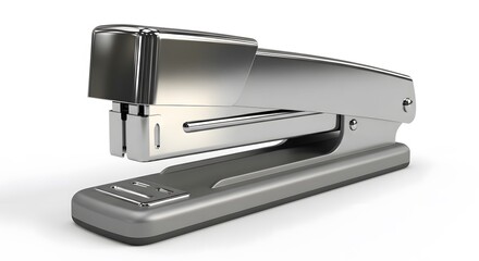 Silver stapler on white background office supply close-up.