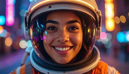 Woman in astronaut helmet smiling