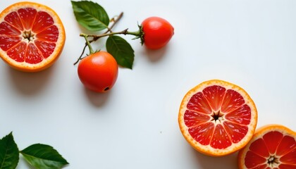 A vibrant still life featuring two blood oranges, cut in half and revealing their juicy flesh and red orange hue