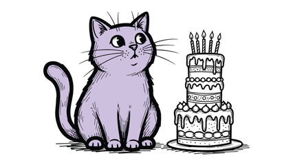 Curious Cat and Birthday Cake: A whimsical illustration captures the charming innocence of a cat gazing with curiosity at a tall, candle-topped birthday cake.