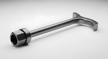 Metal T-shaped tool with hexagonal socket and curved end on white background.