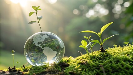 Crystal earth globe with growing plant in sunlight on mossy ground