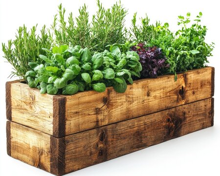 Wooden planter box filled with various herbs
