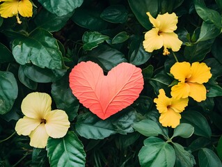 Pink heart shape nestled among vibrant green leaves and yellow flowers