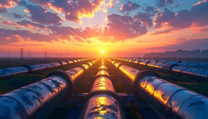 Sunset Over Pipeline Landscape with Dramatic Clouds and Horizon