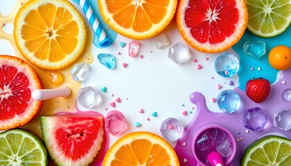 A vibrant array of sliced fruits meticulously arranged to form a colorful mosaic pattern.