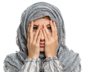 Expressing emotion young woman covering face portrait isolated on transparent background