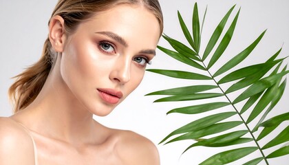 A woman with flawless skin, highlighted by natural light, and a lush palm leaf against a neutral backdrop, showcasing a serene and elegant beauty.