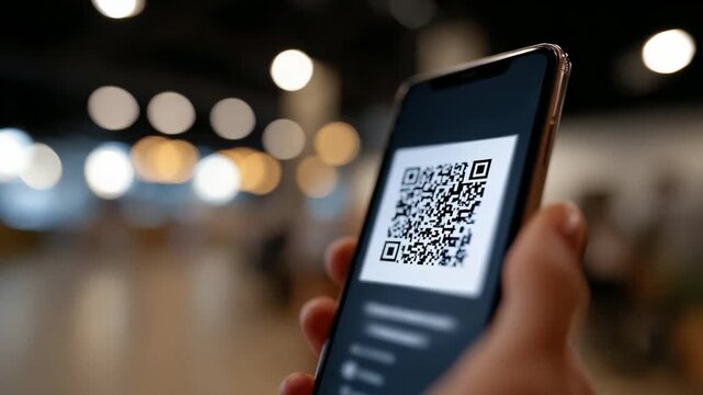 A person holds a smartphone displaying a QR code in a lively indoor environment. Soft lighting and blurred backgrounds create an engaging atmosphere for digital exchanges