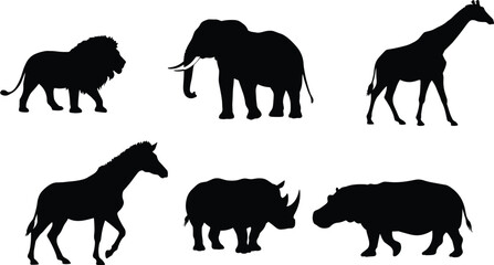 Black silhouette of African wildlife animals including lion, elephant, giraffe, horse, rhinoceros, and hippopotamus isolated on white background