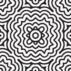 Abstract geometric black and white circular wave pattern with a central floral motif and repeating symmetrical design