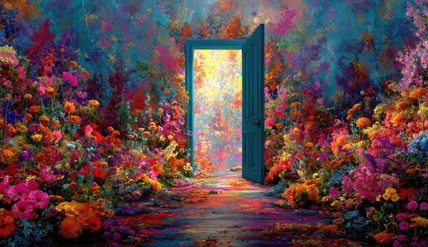 Vibrant floral path through an open door