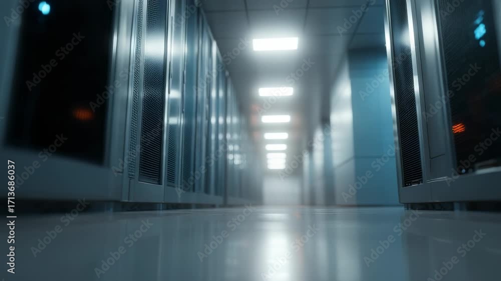 Poster Exploring the quiet environment of a modern data center with rows of servers and bright lights illuminating the hallway