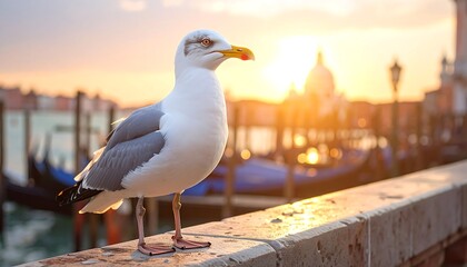 A seagull perches serenely on a wall at dawn, bathed in the warm glow of the rising sun over a Venetian canal.