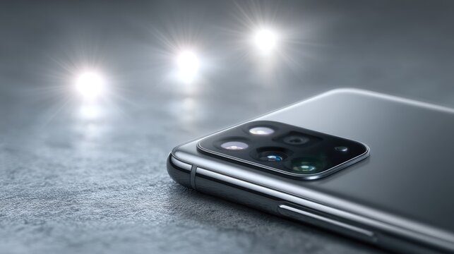 Cinematic Shot of Black Smartphone with Camera Array and Flash Reflecting on Gray Textured Surface with Dramatic Lighting and Sharp Focus