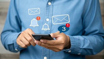 Man using smartphone with incoming email and notification icons overlay