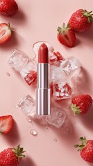 Fashionable lipstick on ice with fresh strawberries lifestyle photoshoot aesthetic vibes