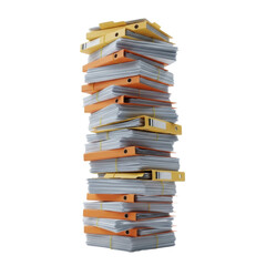 Overwhelming Workload: Cinematic Slow Tilt Up a Tall Stack of Paperwork and Files on a White Background. clipping path