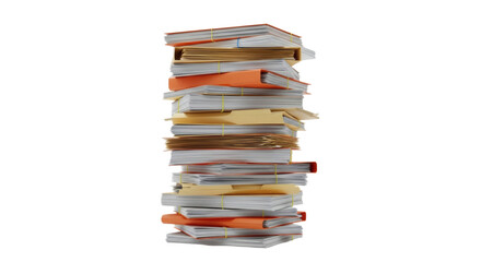 Overwhelming Workload: Cinematic Slow Tilt Up a Tall Stack of Paperwork and Files on a White Background. clipping path