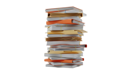 Overwhelming Workload: Cinematic Slow Tilt Up a Tall Stack of Paperwork and Files on a White Background. clipping path