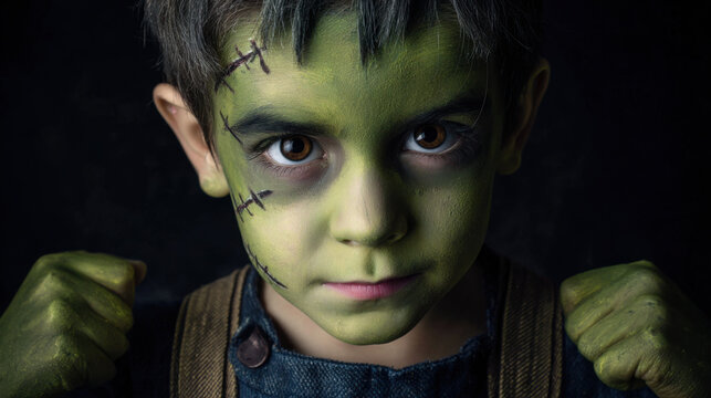 Child with green face paint dressed as Frankenstein's monster posing in a dark costume for Halloween celebration