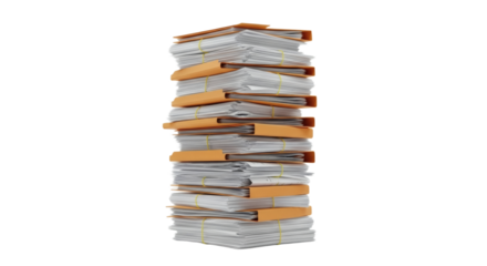 Overwhelming Workload: Cinematic Slow Tilt Up a Tall Stack of Paperwork and Files on a White Background. clipping path