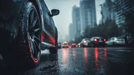 Close-up of car wheels on wet asphalt in traffic jam with red brake light reflections and blurred city background